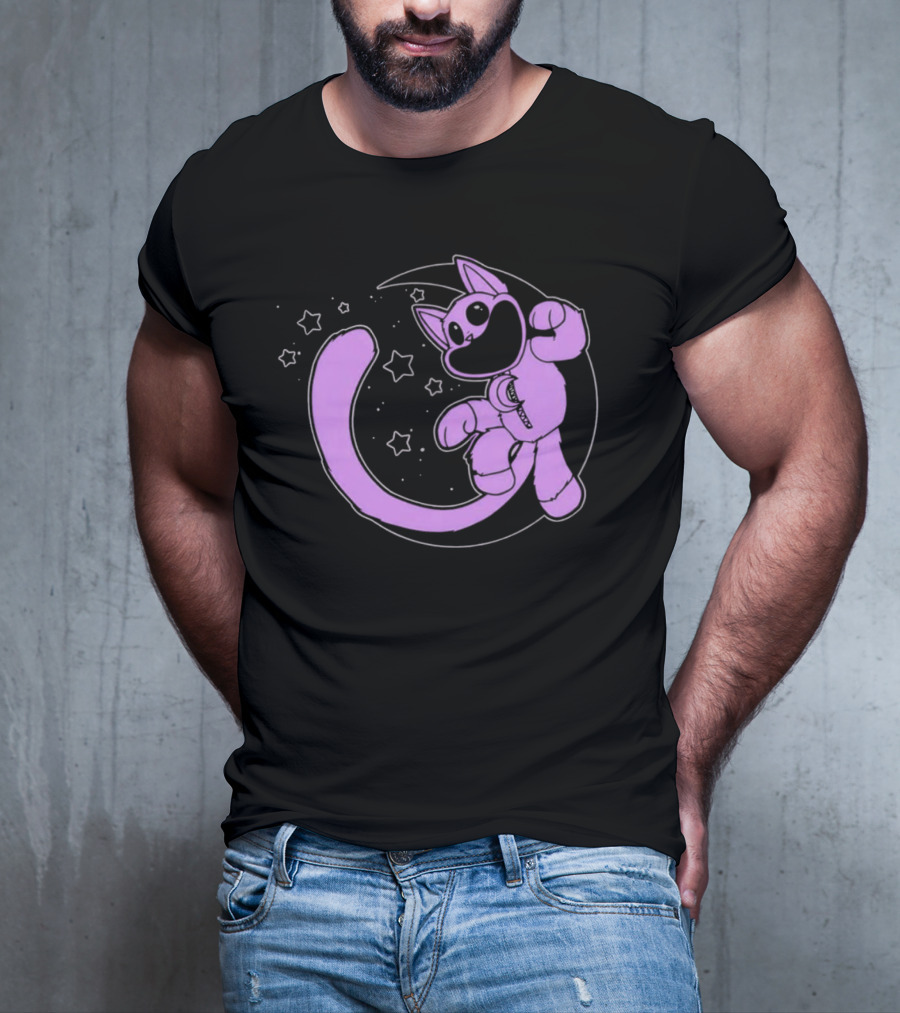 Purple Cartoon Cat With Stars And Moon T-Shirt