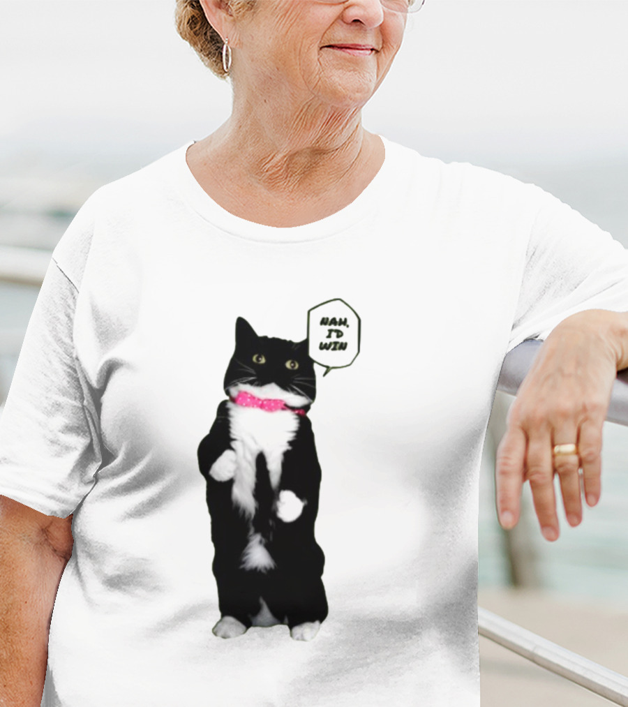 Nah I'd Win Cat Pink Collar Black And White Feline T-Shirt