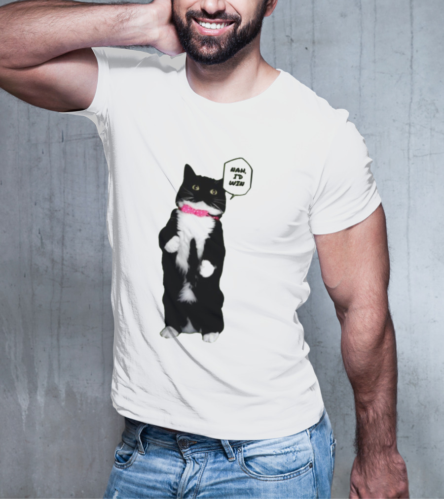 Nah I'd Win Cat Pink Collar Black And White Feline T-Shirt