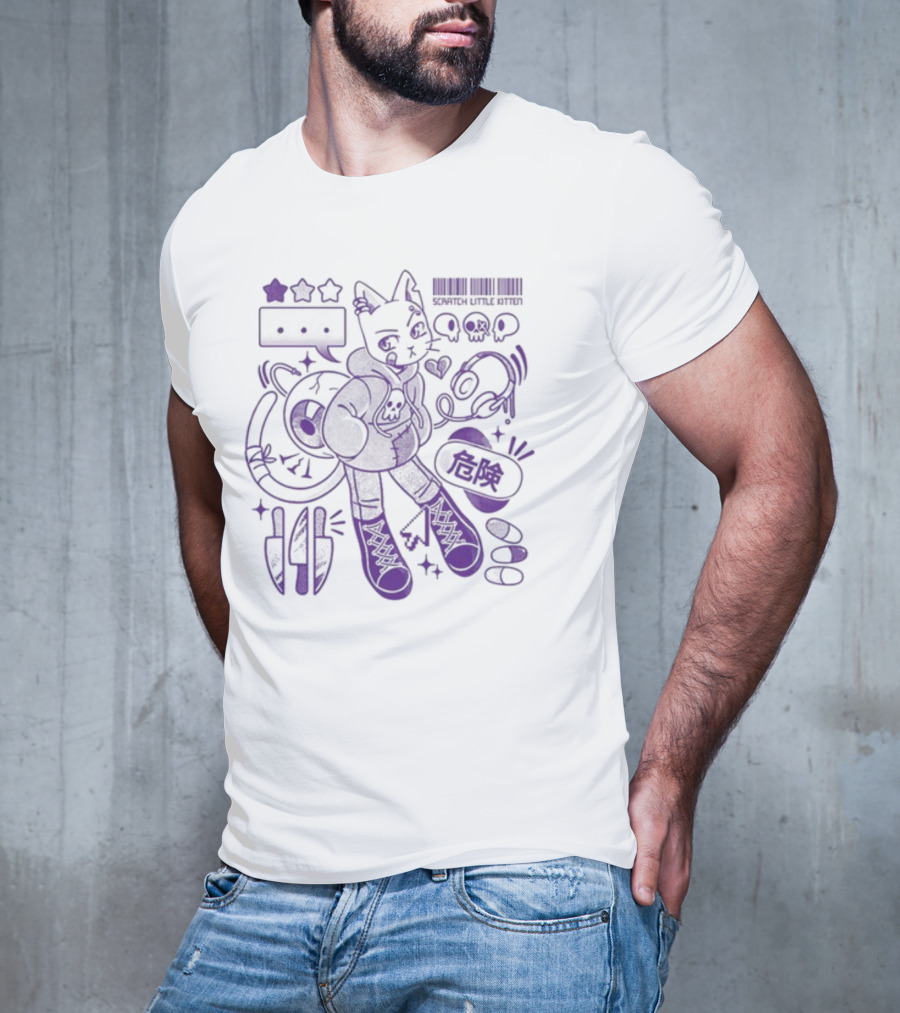 Theyetee Scratch Little Kitten Danger Barcode Skull Stars T-Shirt