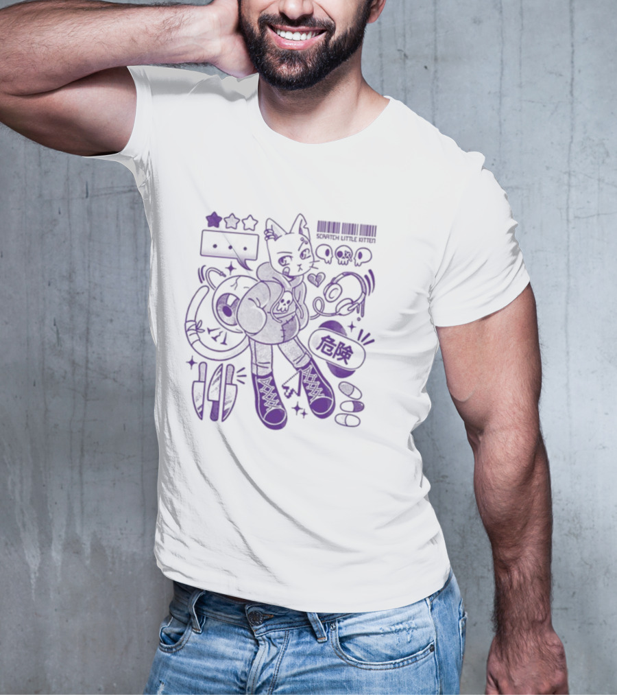 Theyetee Scratch Little Kitten Danger Barcode Skull Stars T-Shirt