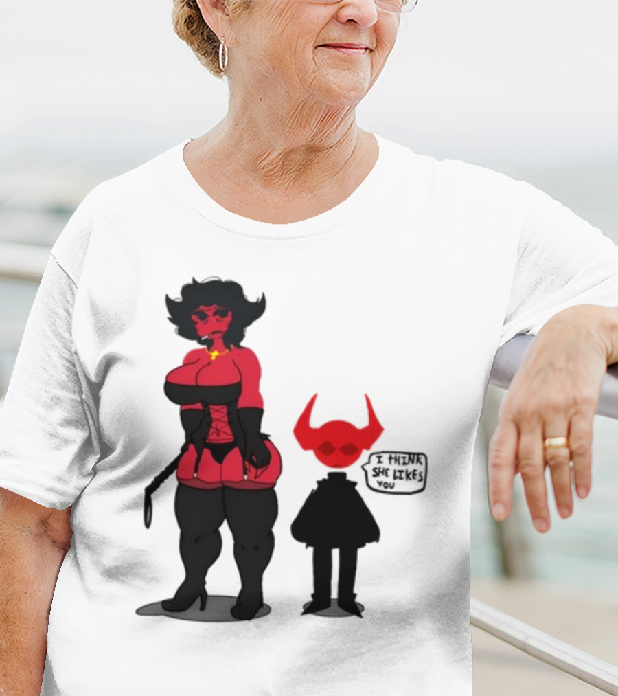 Thewboy Red Character With Devil Horns I Think She Likes You T-Shirt