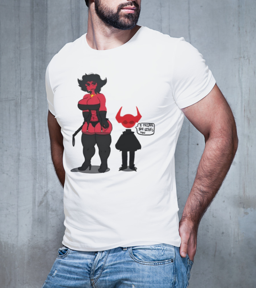 Thewboy Red Character With Devil Horns I Think She Likes You T-Shirt