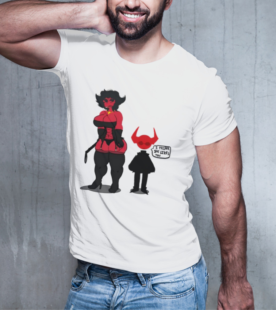 Thewboy Red Character With Devil Horns I Think She Likes You T-Shirt