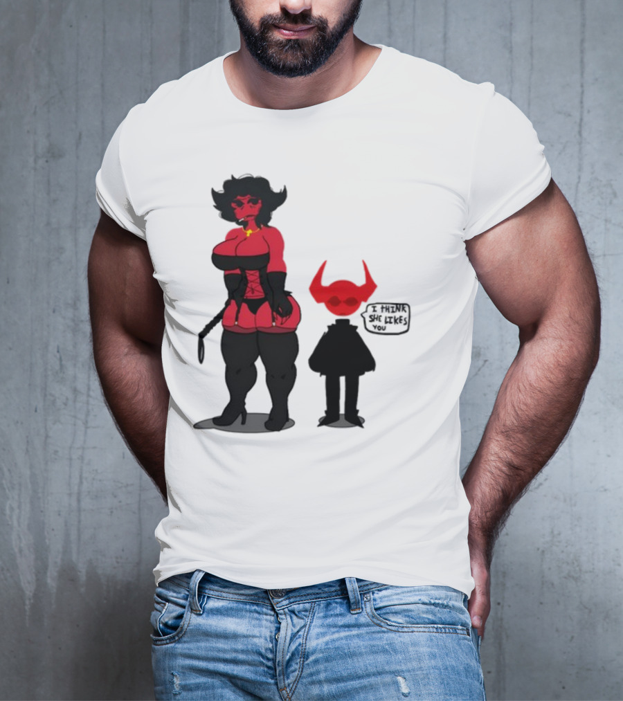 Thewboy Red Character With Devil Horns I Think She Likes You T-Shirt