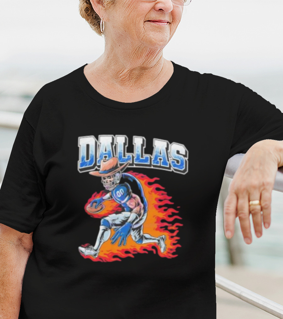 Dallas Cowboy Football Skeleton Player In Flames T-Shirt