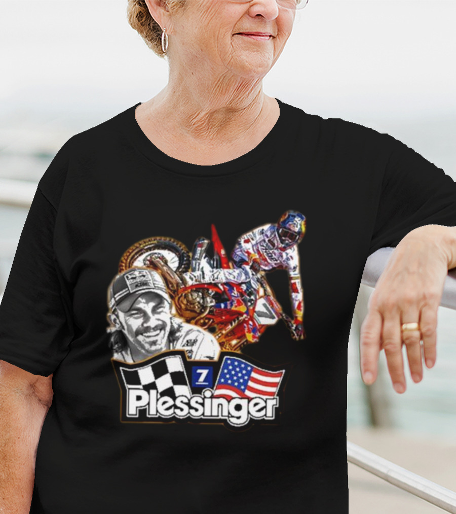 Plessinger American Motocross Racer With Flags And Checkered T-Shirt