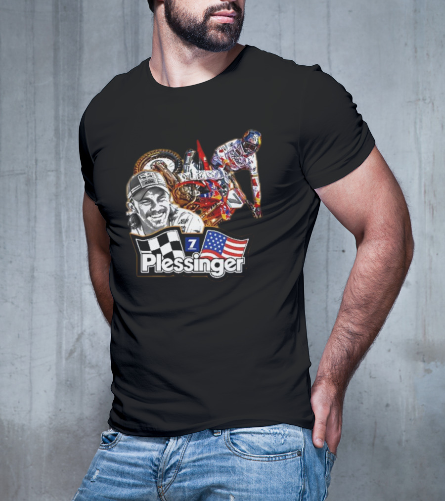 Plessinger American Motocross Racer With Flags And Checkered T-Shirt