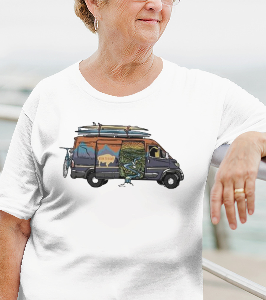 Born To Roam Adventure Camper With Surfboards And Bicycles T-Shirt