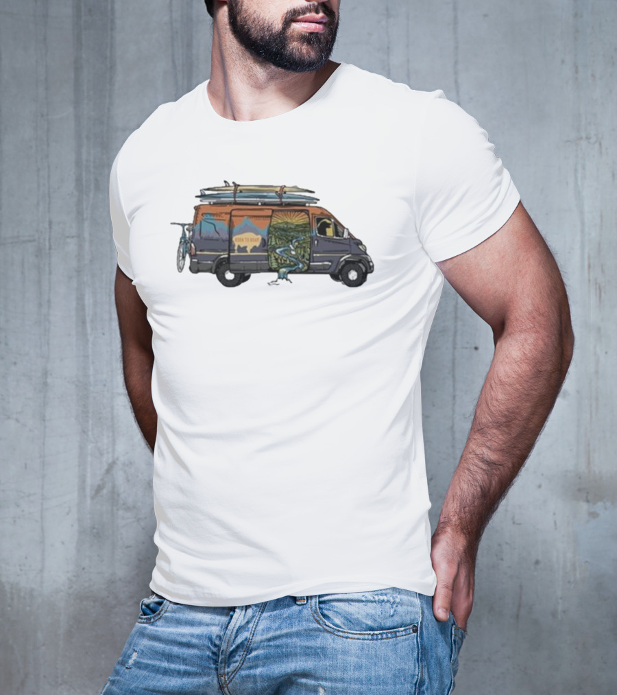 Born To Roam Adventure Camper With Surfboards And Bicycles T-Shirt