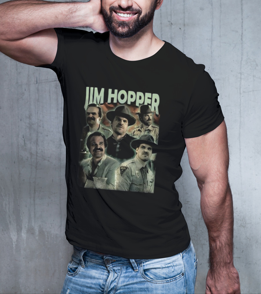 Jim Hopper Vintage Frtingglitter Nostalgic Character Montage T-Shirt