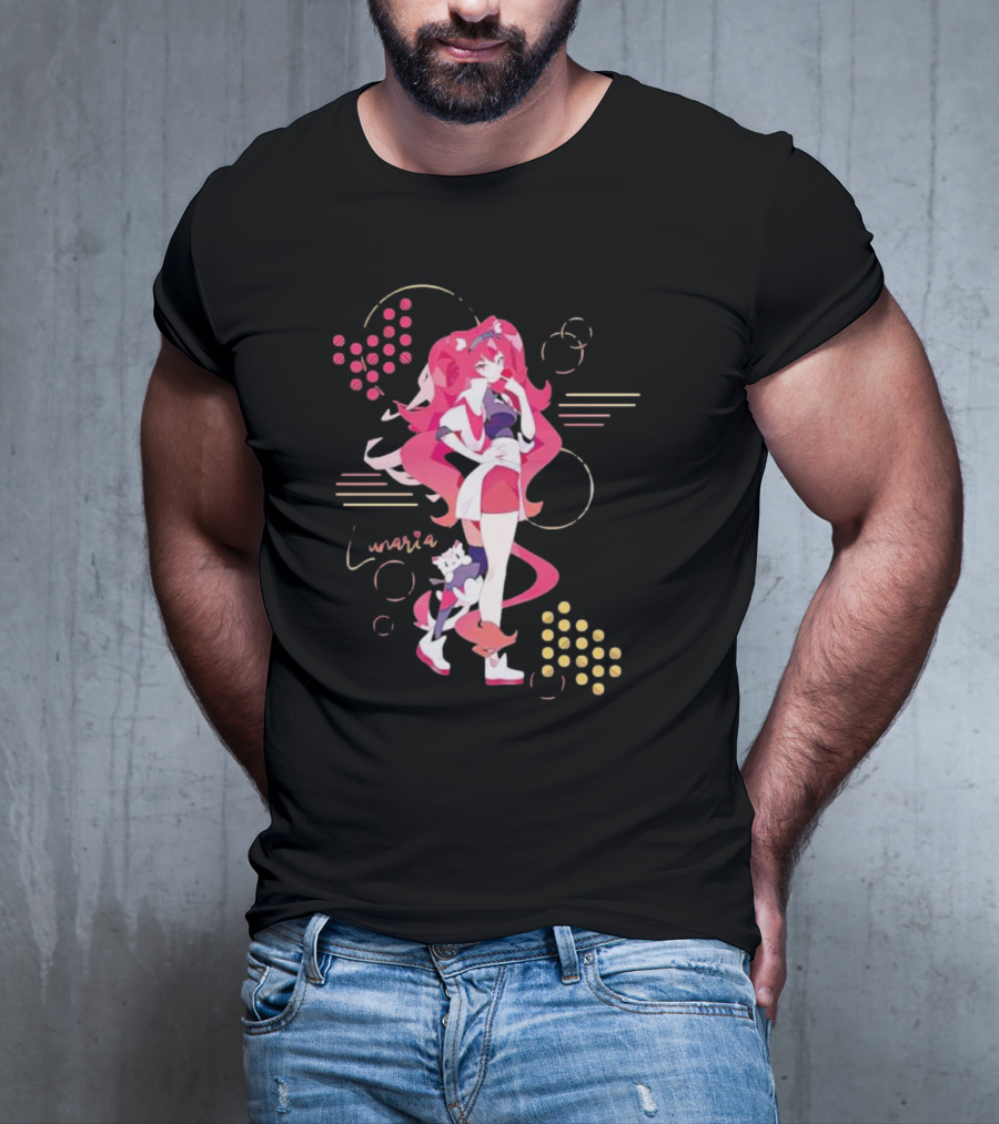Lunaria Streetwear Pink Hair Girl With Cat And Circles T-Shirt