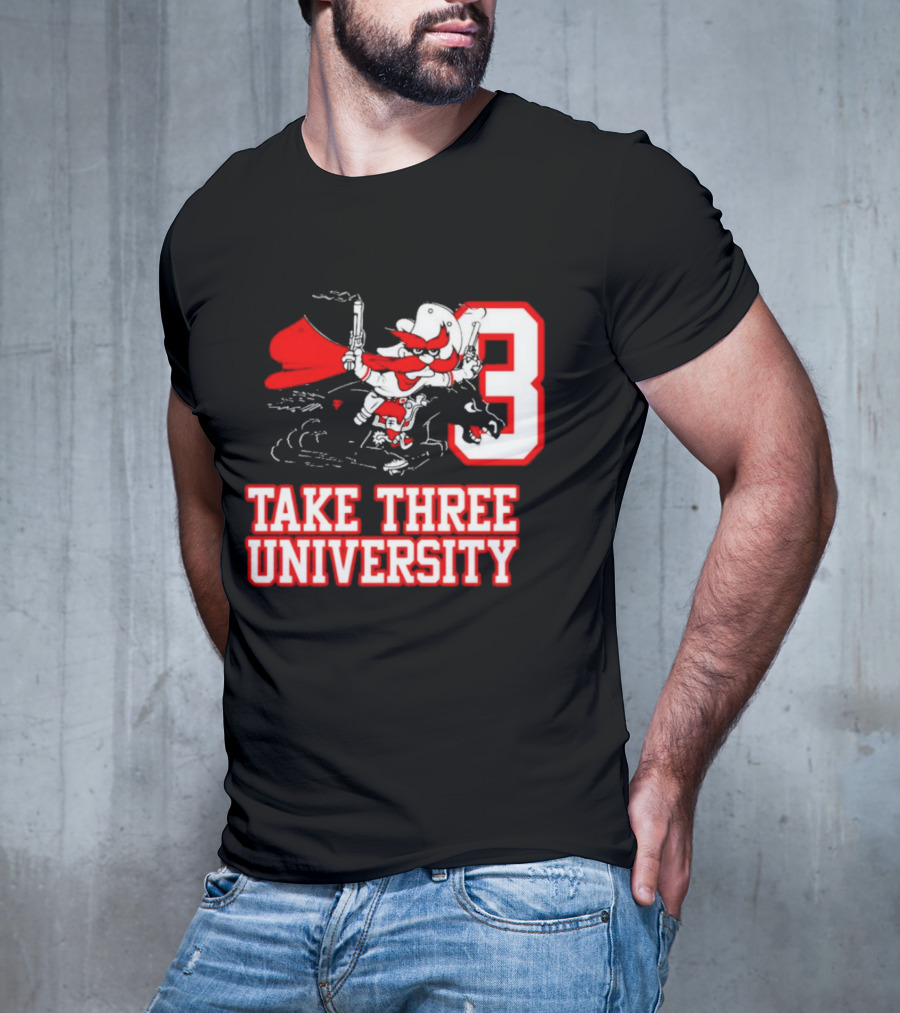Take Three University Cowboy Mascot With Dual Pistols Number 3 T-Shirt