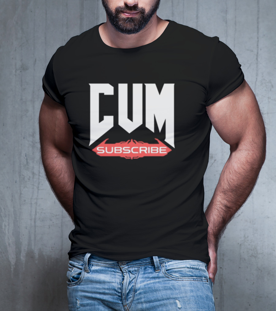 CUM Subscribe Doom Inspired Logo Gaming Meme T-Shirt