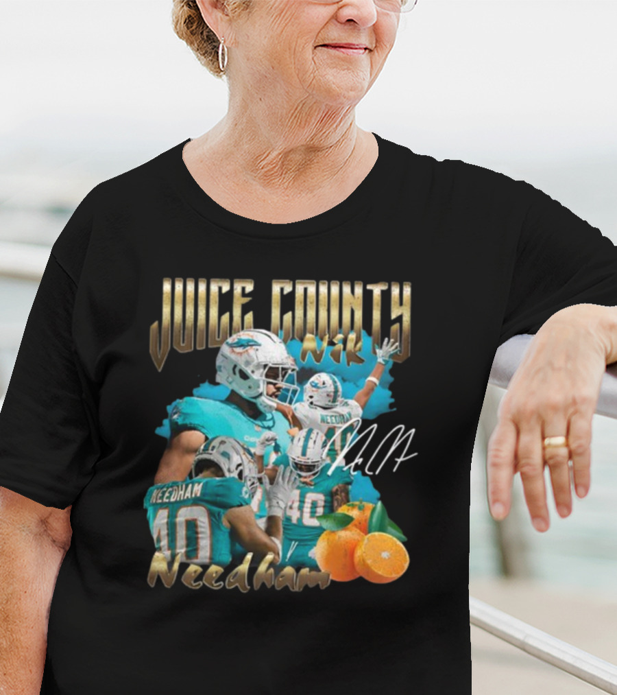 Clincboyzclothing Juice County Nik Needham Dolphins Football Player Signature Oranges T-Shirt