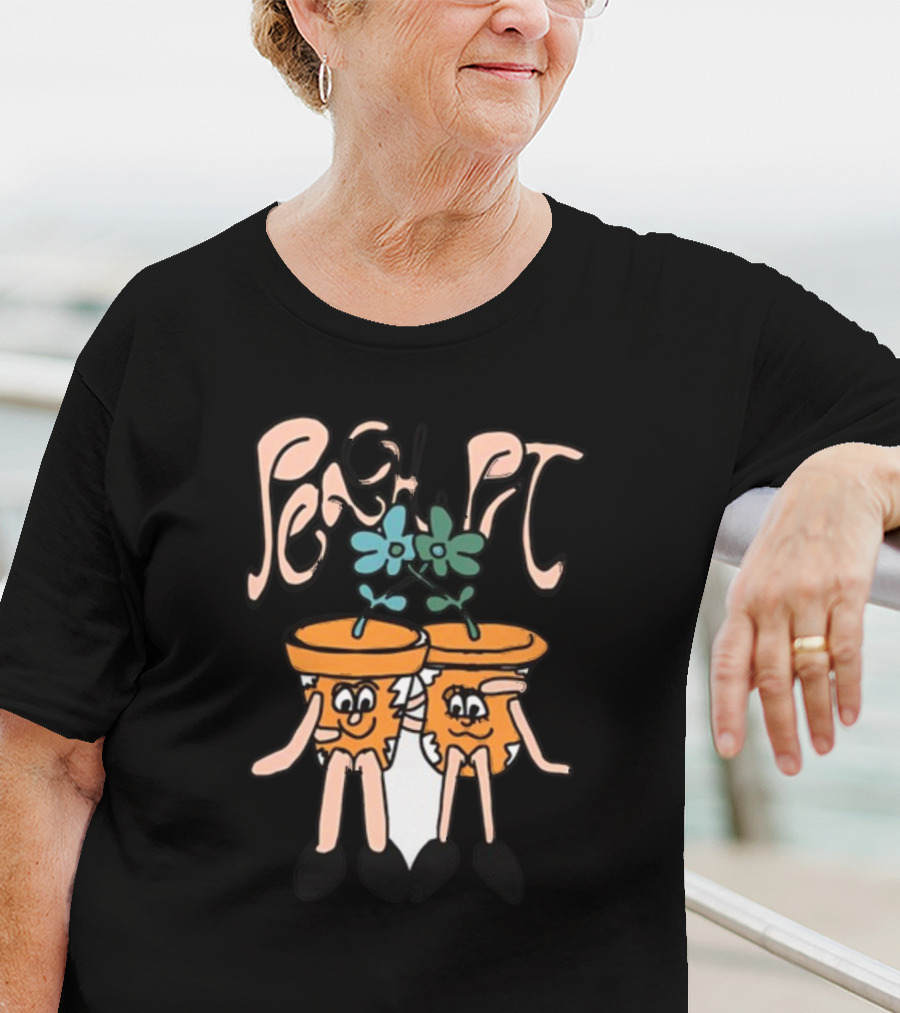 Peach Pit Dancing Flower Pots Duo Playful Cartoon Typography T-Shirt