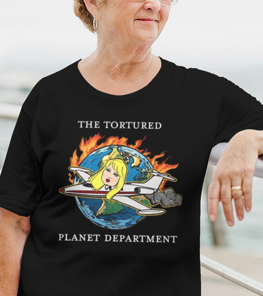 THE TORTURED PLANET FLAMING GLOBE AIRPLANE CARICATURE DEPARTMENT T-Shirt