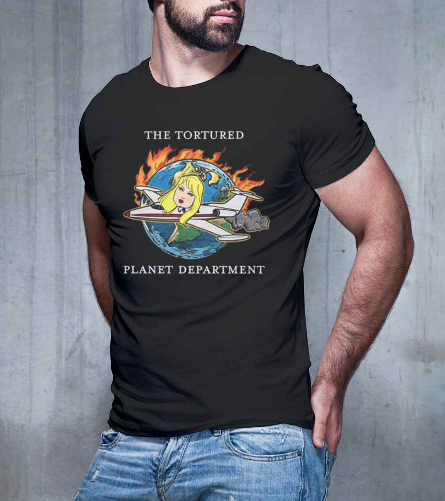 THE TORTURED PLANET FLAMING GLOBE AIRPLANE CARICATURE DEPARTMENT T-Shirt