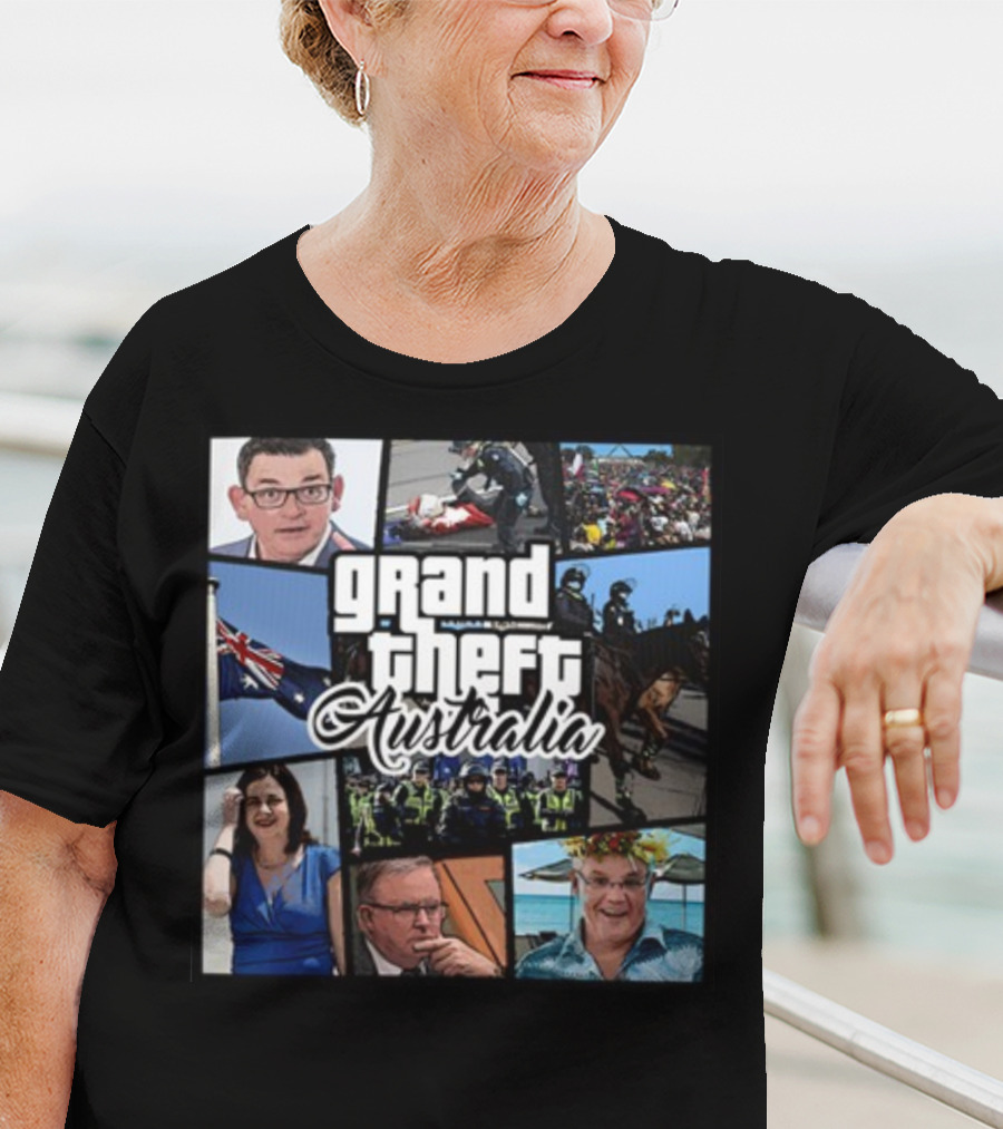 Grand Theft Australia Aussiebotstudio Political And Cultural Satire Collage T-Shirt