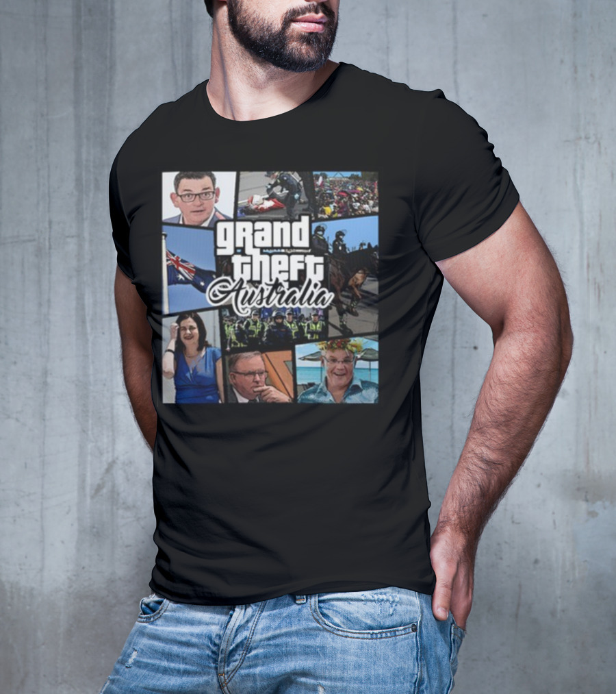 Grand Theft Australia Aussiebotstudio Political And Cultural Satire Collage T-Shirt