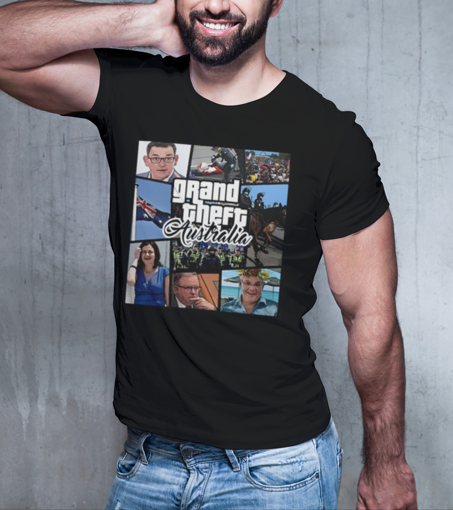 Grand Theft Australia Aussiebotstudio Political And Cultural Satire Collage T-Shirt