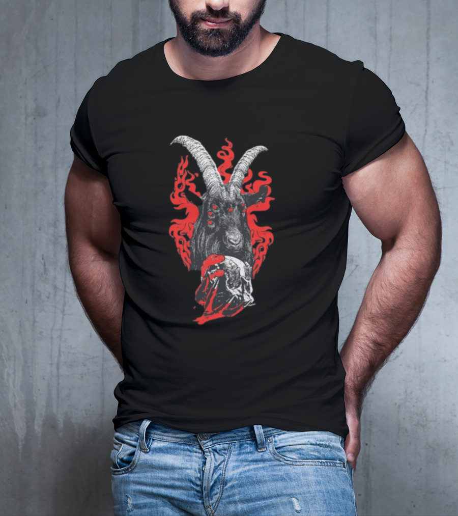 Blackcraft Cult Baphomet Goat Devil Skull With Red Flames And Hexed Hooves T-Shirt