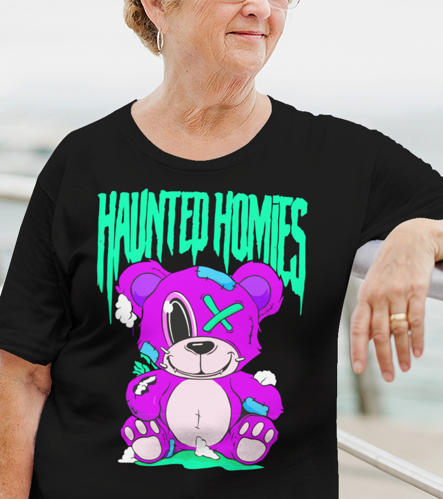 HAUNTED HOMIES Purple Teddy Bear Crossed Eye Patchwork T-Shirt