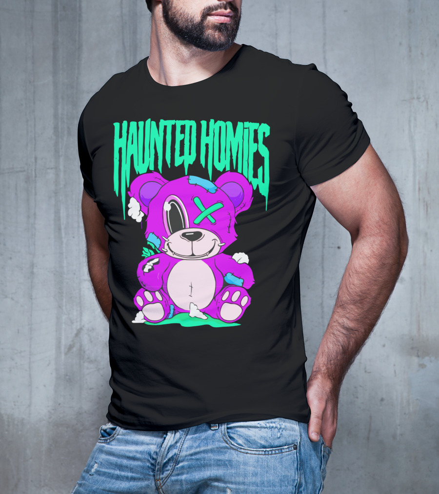 HAUNTED HOMIES Purple Teddy Bear Crossed Eye Patchwork T-Shirt