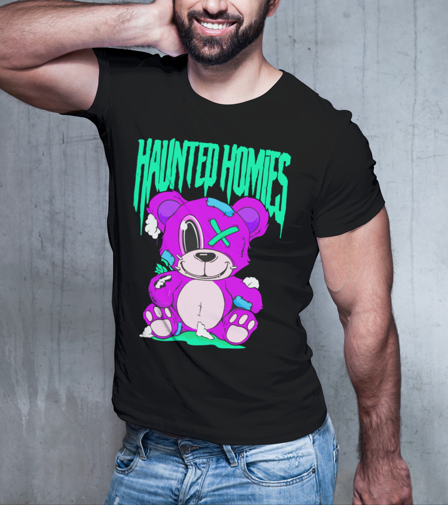 HAUNTED HOMIES Purple Teddy Bear Crossed Eye Patchwork T-Shirt