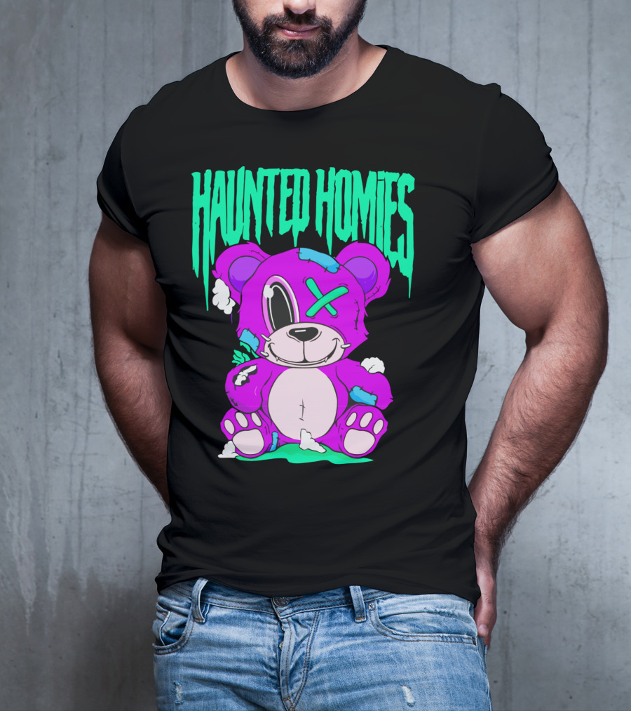 HAUNTED HOMIES Purple Teddy Bear Crossed Eye Patchwork T-Shirt