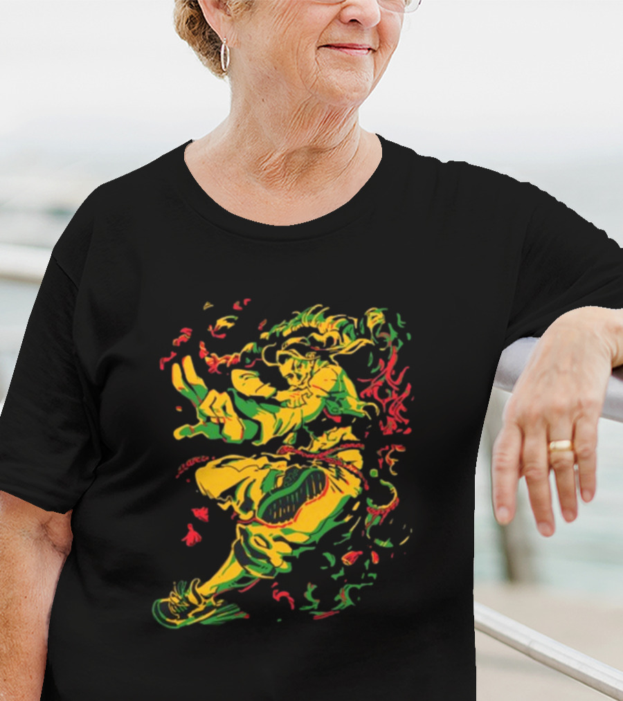 Theyetee Jamie Street Fighter Character Dynamic Pose With Colorful Energy Explosion T-Shirt