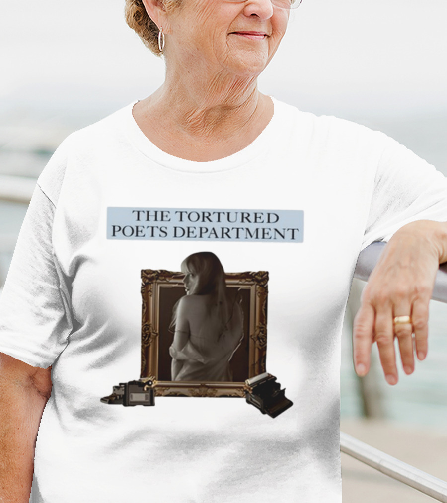 Chartsandshirts The Tortured Poets Department Framed Figure With Books And Typewriter T-Shirt
