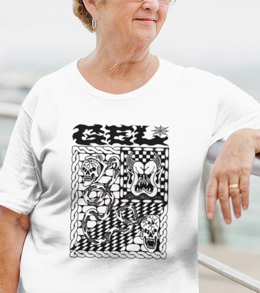Gel Skull Chains Flames Checkered T-Shirt