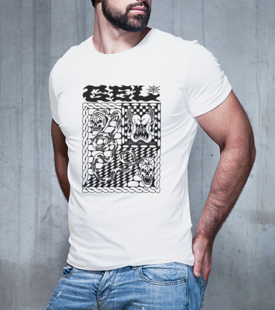 Gel Skull Chains Flames Checkered T-Shirt