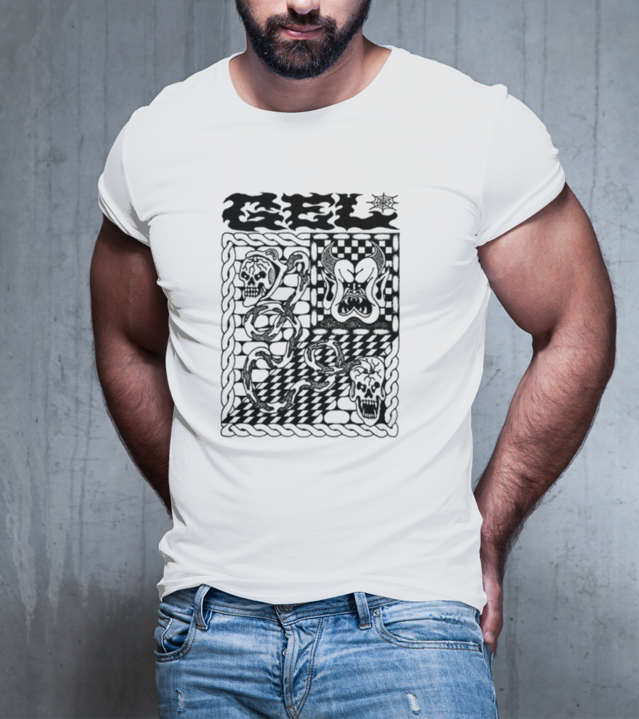 Gel Skull Chains Flames Checkered T-Shirt