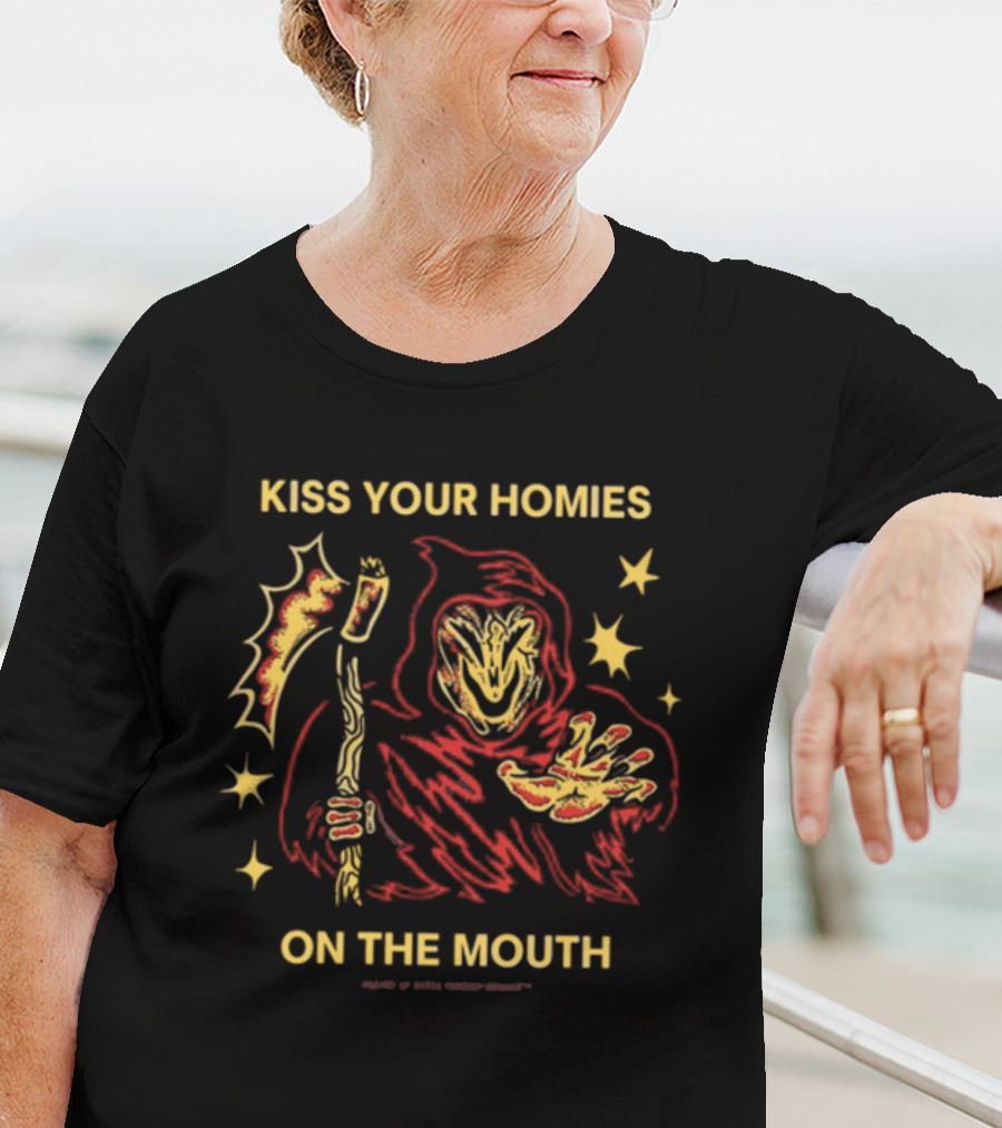 Wizard Of Barge Kiss Your Homies On The Mouth Grim Reaper With Scythe Red Cloak Stars T-Shirt