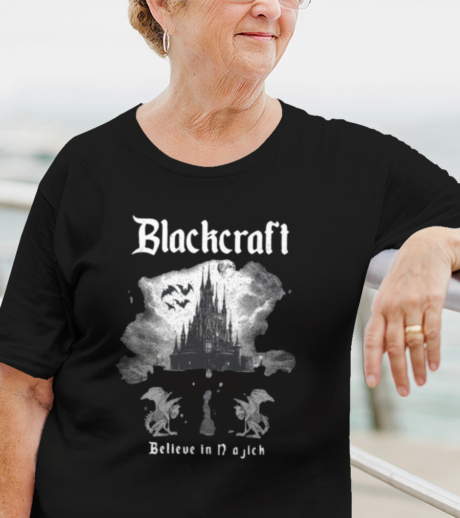 Blackcraft Believe In Magick Gothic Castle With Bats And Gargoyles T-Shirt