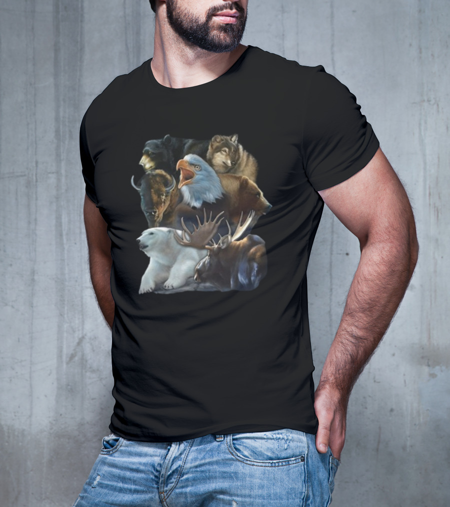 Wild Animal Collage Bear Wolf Eagle Moose Bison Polar Bear Crewneck T-Shirt
