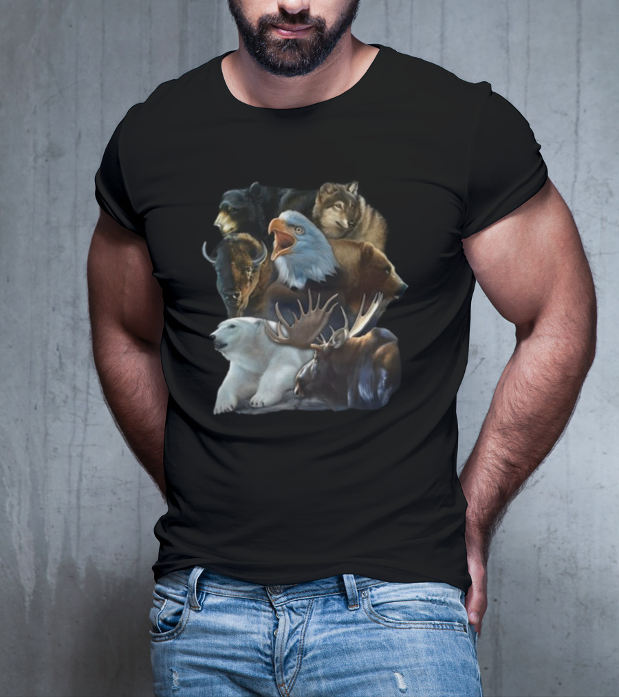 Wild Animal Collage Bear Wolf Eagle Moose Bison Polar Bear Crewneck T-Shirt