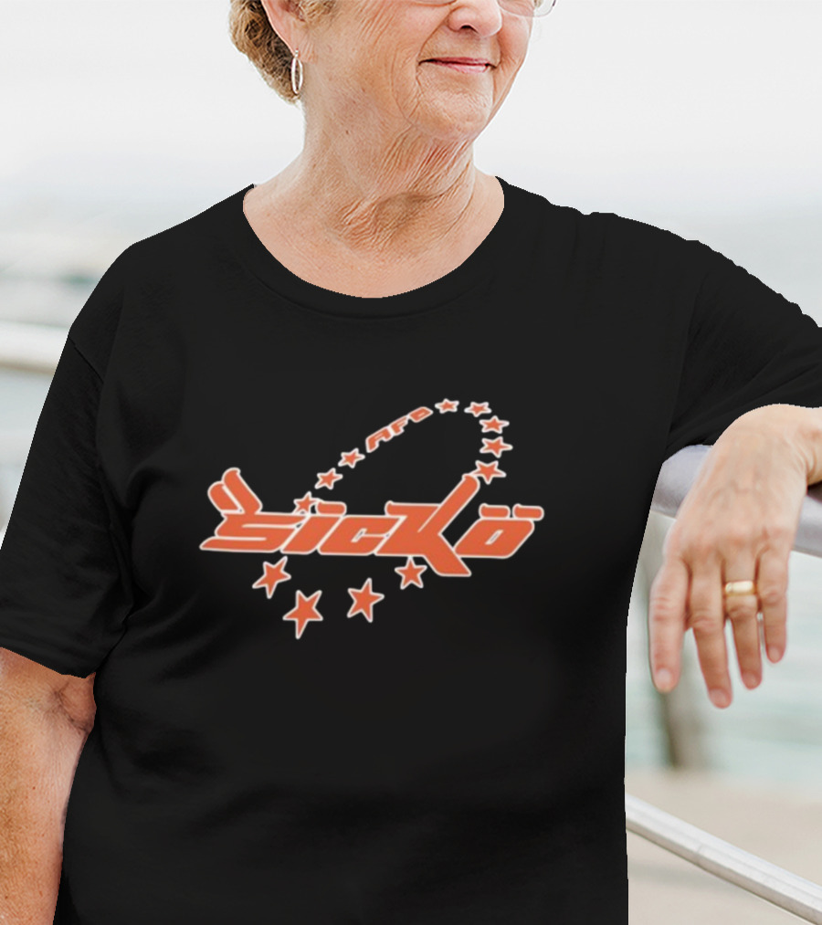 Bornfrompain Afb Sicko Stars Logo Red Text With Orange Stars T-Shirt