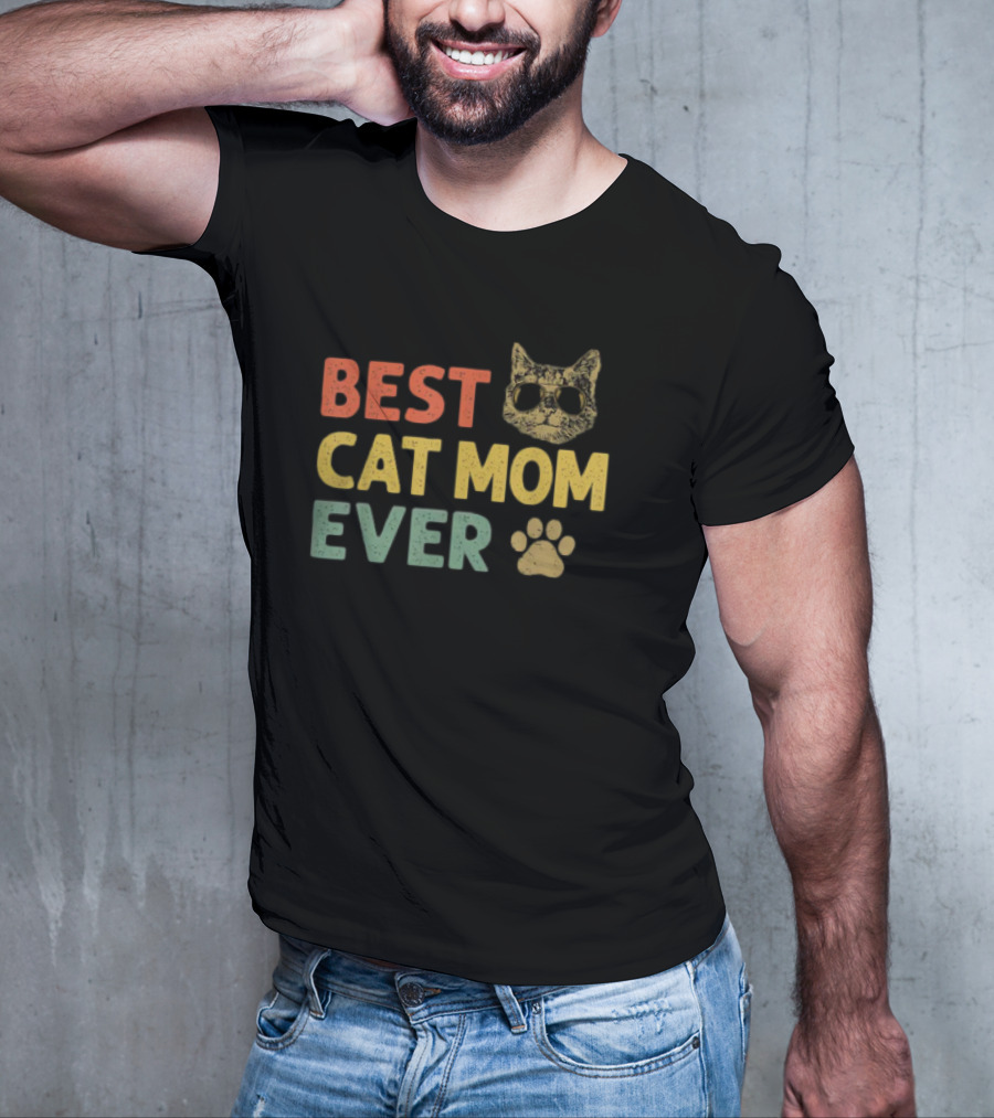 Best Cat Mom Ever Vintage Cat With Sunglasses And Paw Prints T-Shirt