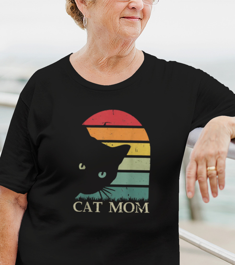 Vintage Cat Mom For Women Funny Cat Mom Mother Retro Sunset Cat T-Shirt