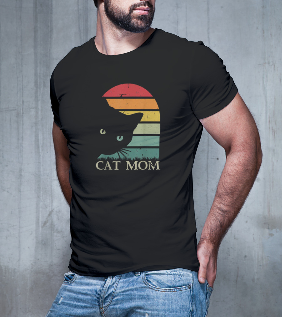 Vintage Cat Mom For Women Funny Cat Mom Mother Retro Sunset Cat T-Shirt