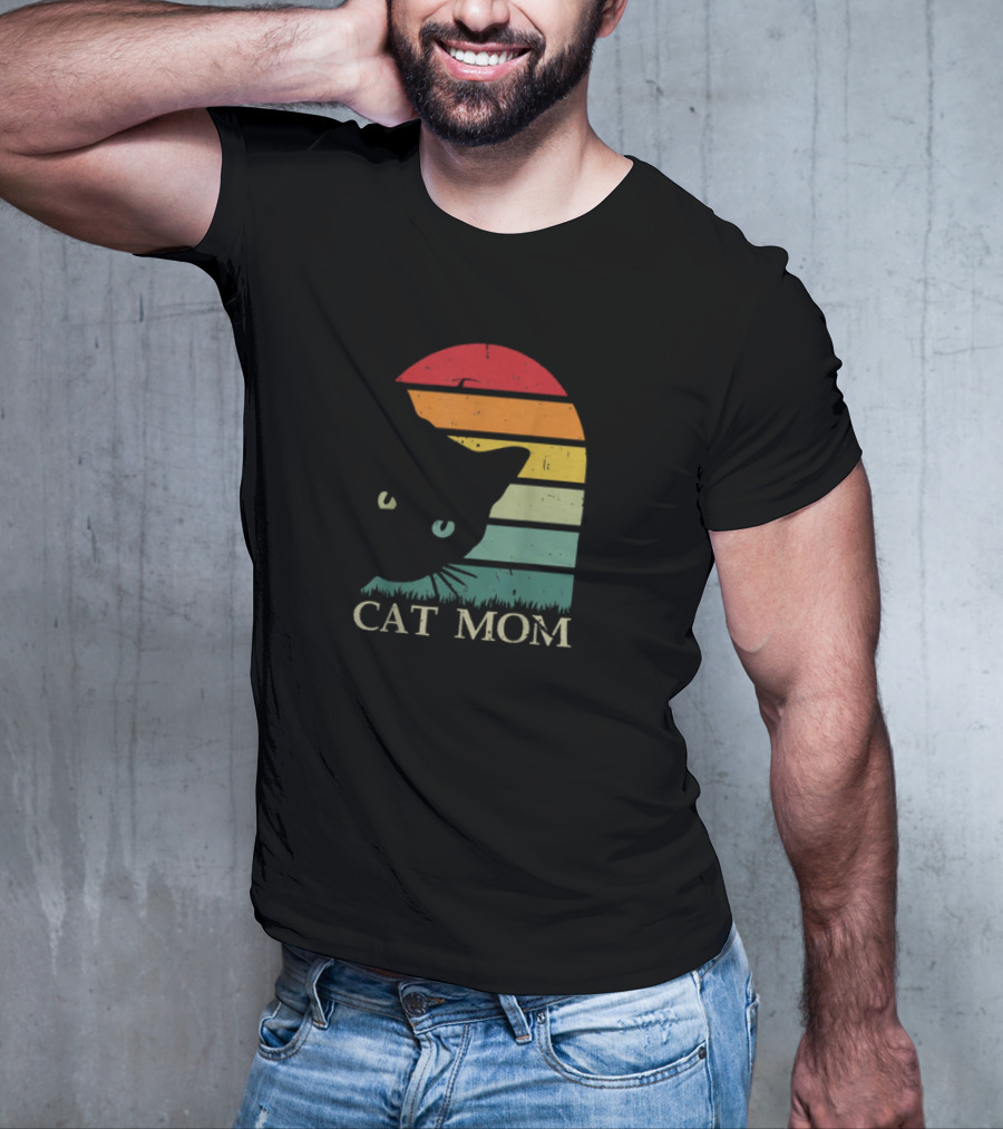 Vintage Cat Mom For Women Funny Cat Mom Mother Retro Sunset Cat T-Shirt