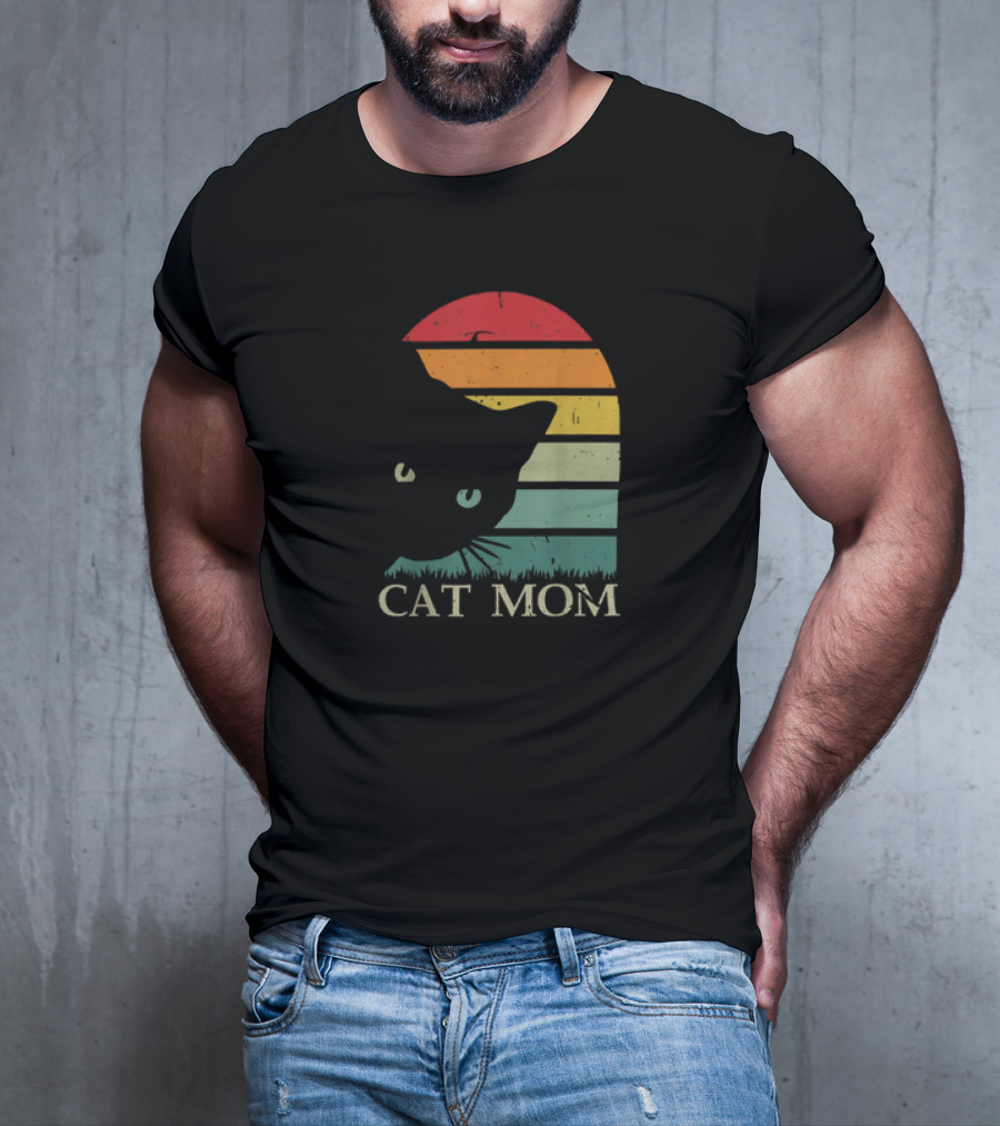Vintage Cat Mom For Women Funny Cat Mom Mother Retro Sunset Cat T-Shirt