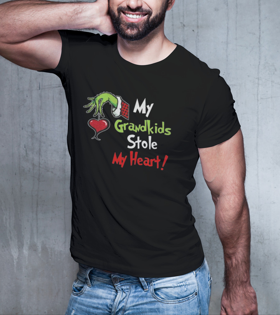 Grinch Green Monster Christmas My Grandkids Stole My Heart Kids Textured Sleeves T-Shirt