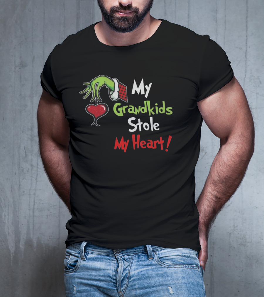 Grinch Green Monster Christmas My Grandkids Stole My Heart Kids Textured Sleeves T-Shirt