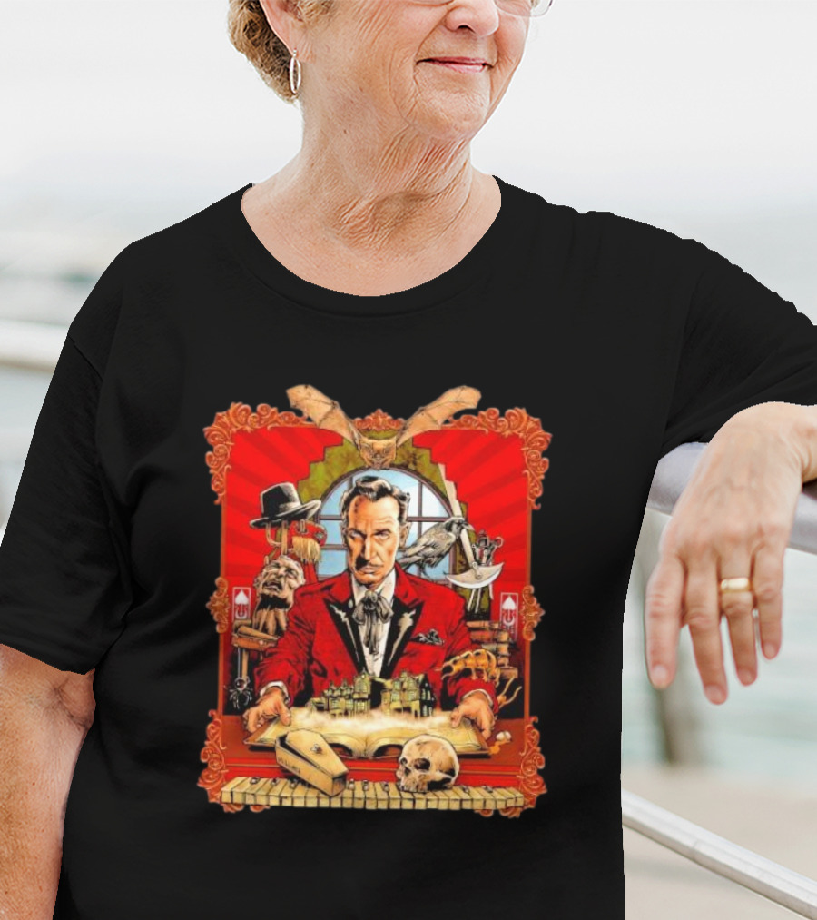 Vincent Price Red Suit Macabre Collection With Bats, Skulls, And Haunted Mansion T-Shirt