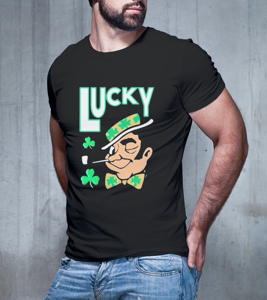 Boston Celtics Lucky The Leprechaun Shamrock Winking Pipe T-Shirt