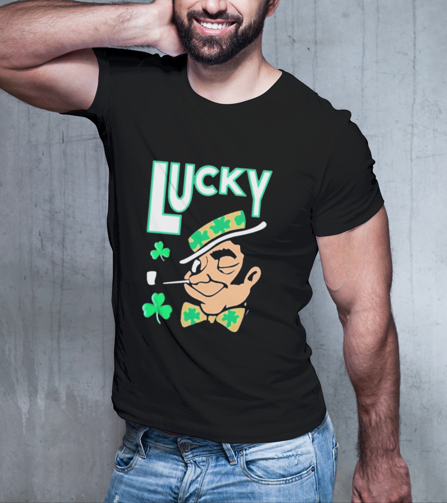 Boston Celtics Lucky The Leprechaun Shamrock Winking Pipe T-Shirt